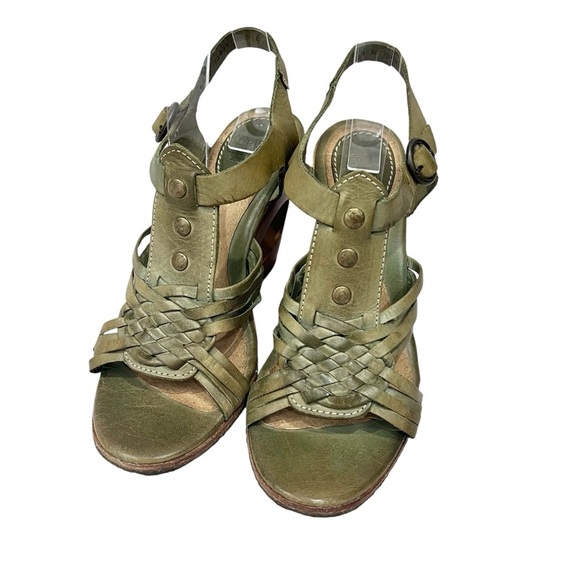 Frye Leather T-Strap Braided Gabrielle Gladiator Wood Cutout Wedge Heel Sandals - Picture 3 of 12